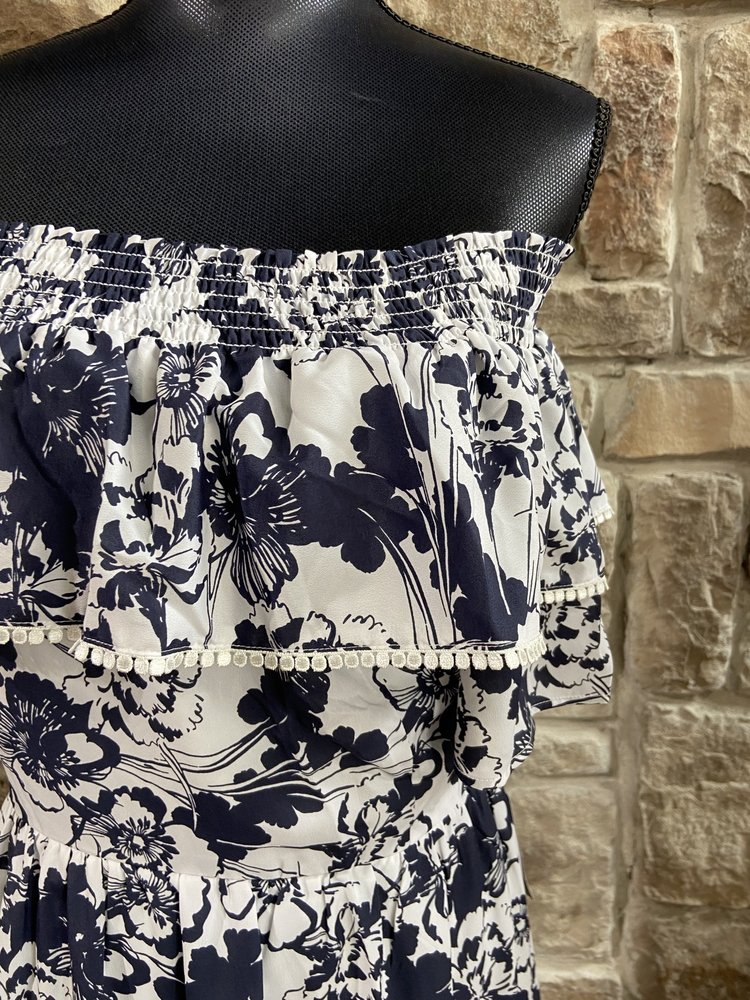 Chelsea 28 White and Navy Floral Off the Shoulder Dress, Size 20
