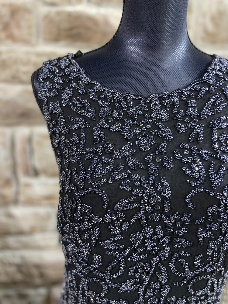 Jkara Black Ridged Beaded Top Gown, Size 14W
