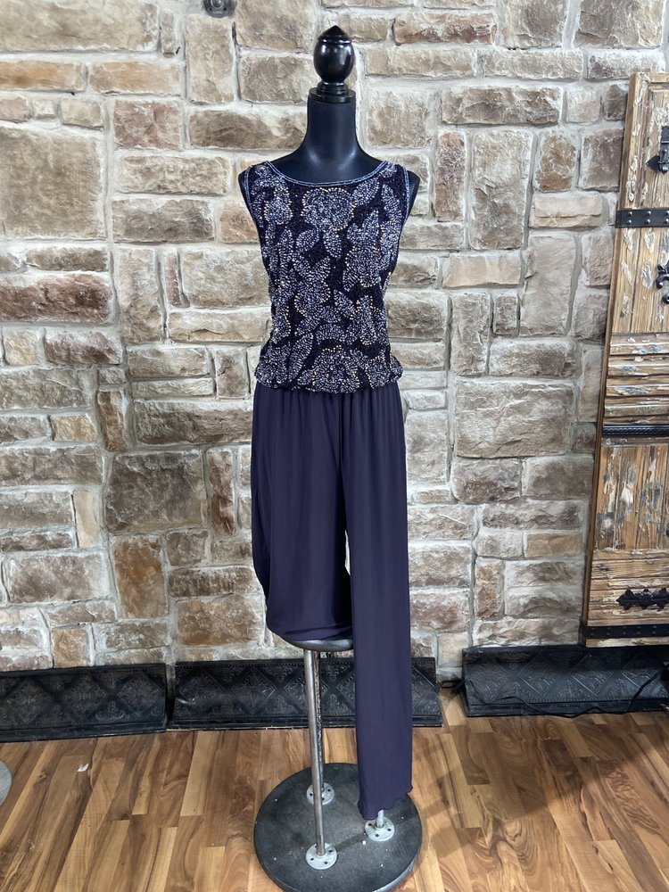 Pisarro Nights Navy Floral Beaded Jumpsuit, Size 10
