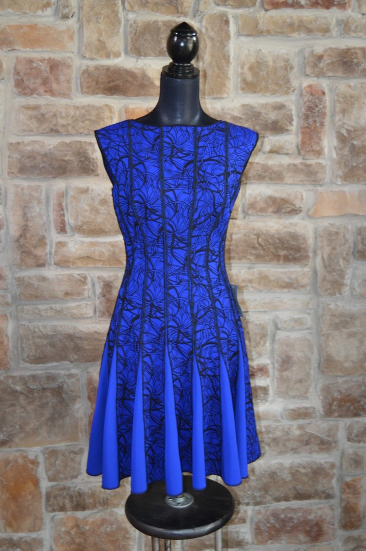 Tadashi Shoji Blue and Black Lined Flared Bottom Dress, Size M