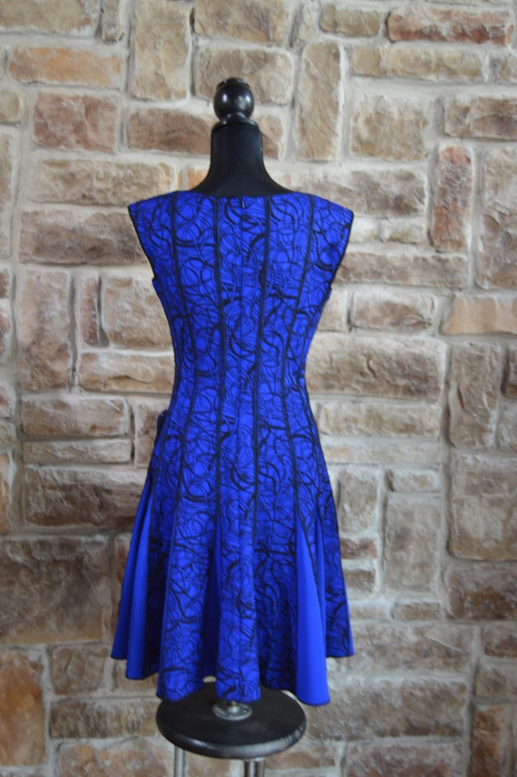 Tadashi Shoji Blue and Black Lined Flared Bottom Dress, Size M