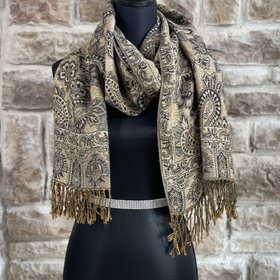 Gold and Black Paisley Fringe Scarf