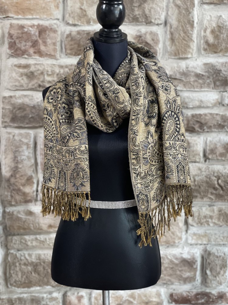 Gold and Black Paisley Fringe Scarf