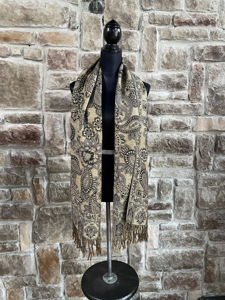 Gold and Black Paisley Fringe Scarf