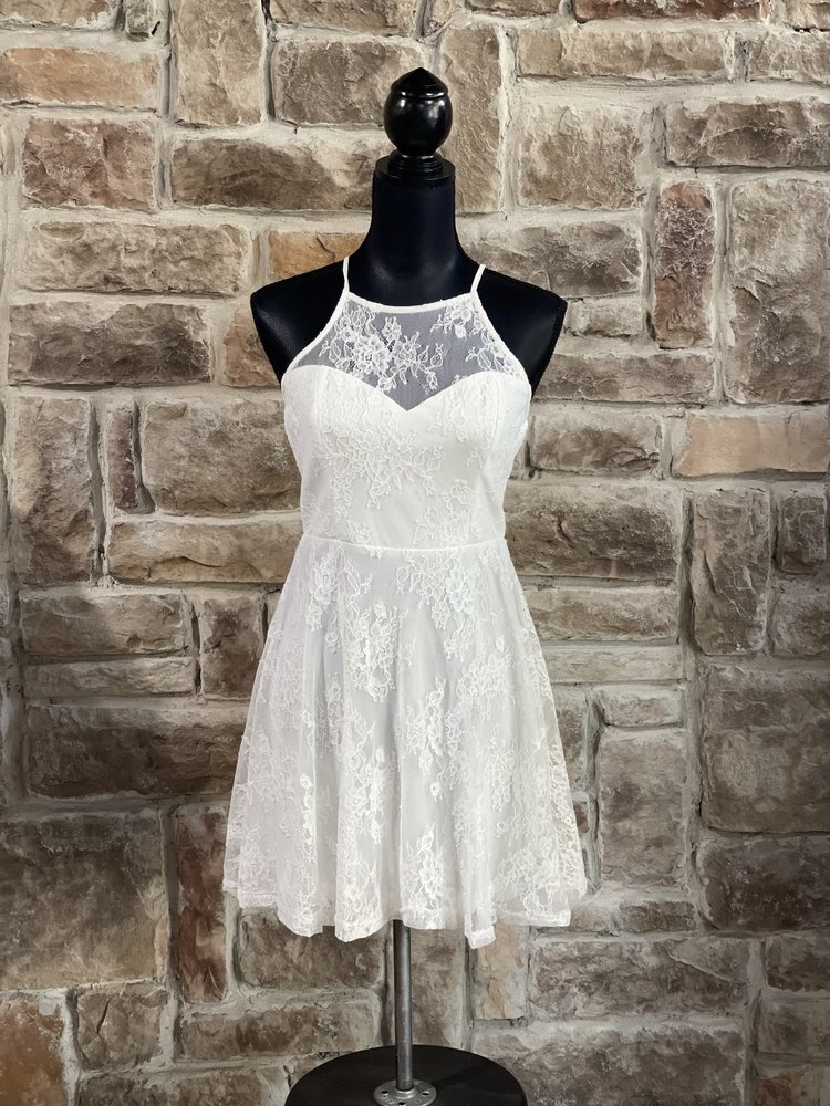 Identity White Lace Halter Cross back Dress