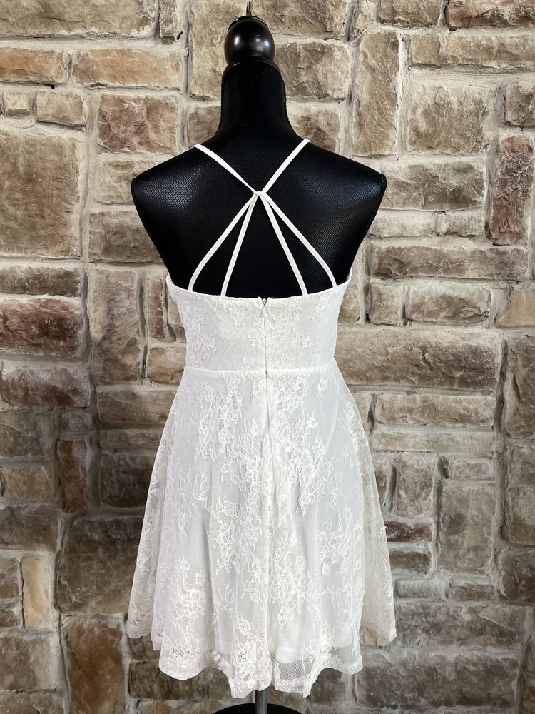 Identity White Lace Halter Cross back Dress