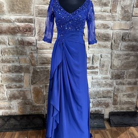 Izidress Blue Lace and Beaded Long Sleeve Top With Cascade Ruffle Gown, Size 4