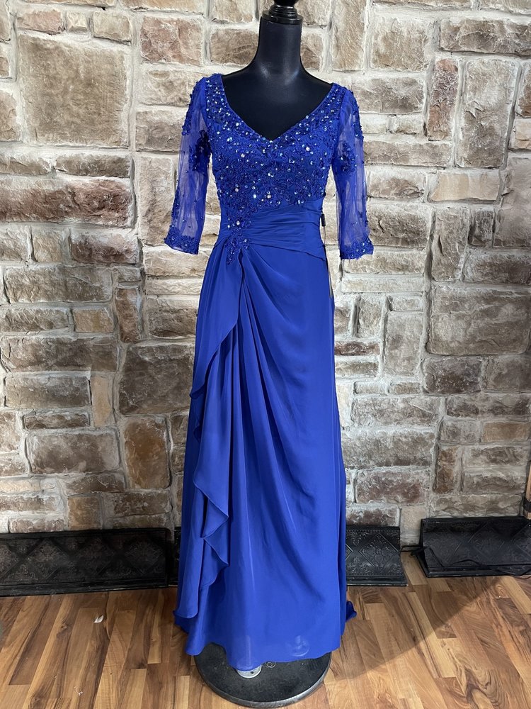 Izidress Blue Lace and Beaded Long Sleeve Top With Cascade Ruffle Gown, Size 4