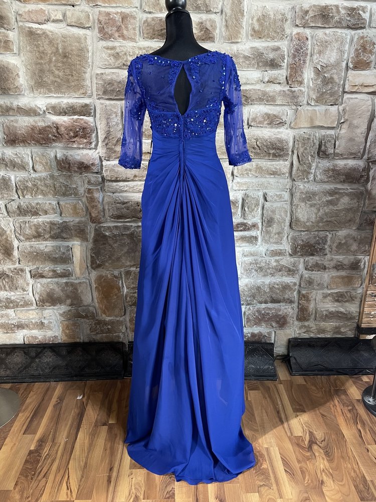 Izidress Blue Lace and Beaded Long Sleeve Top With Cascade Ruffle Gown, Size 4