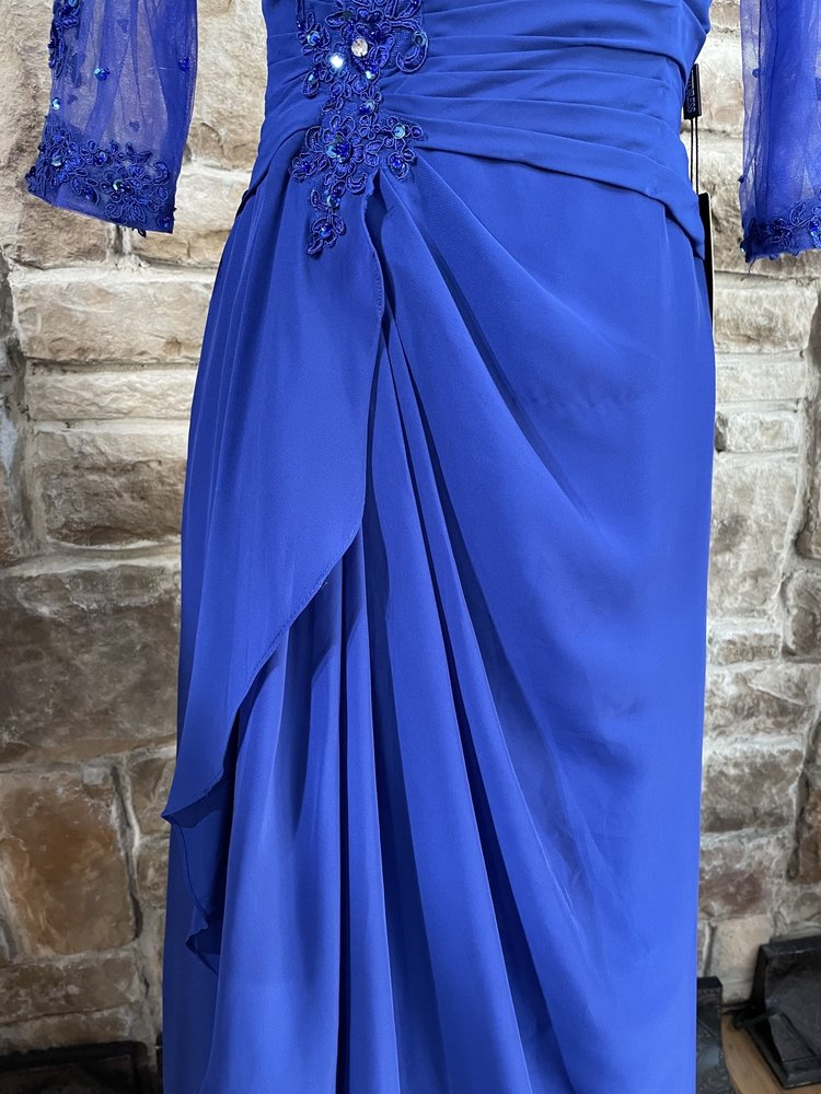 Izidress Blue Lace and Beaded Long Sleeve Top With Cascade Ruffle Gown, Size 4