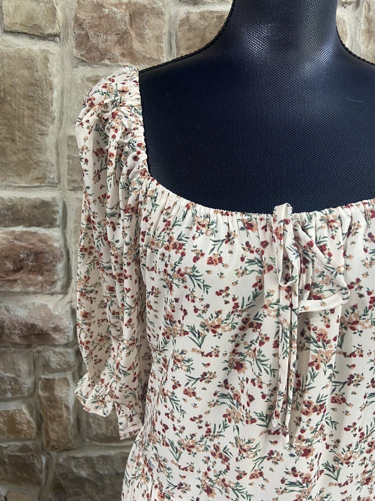 Hayden Cream Floral Tie Top Balloon Sleeve Dress