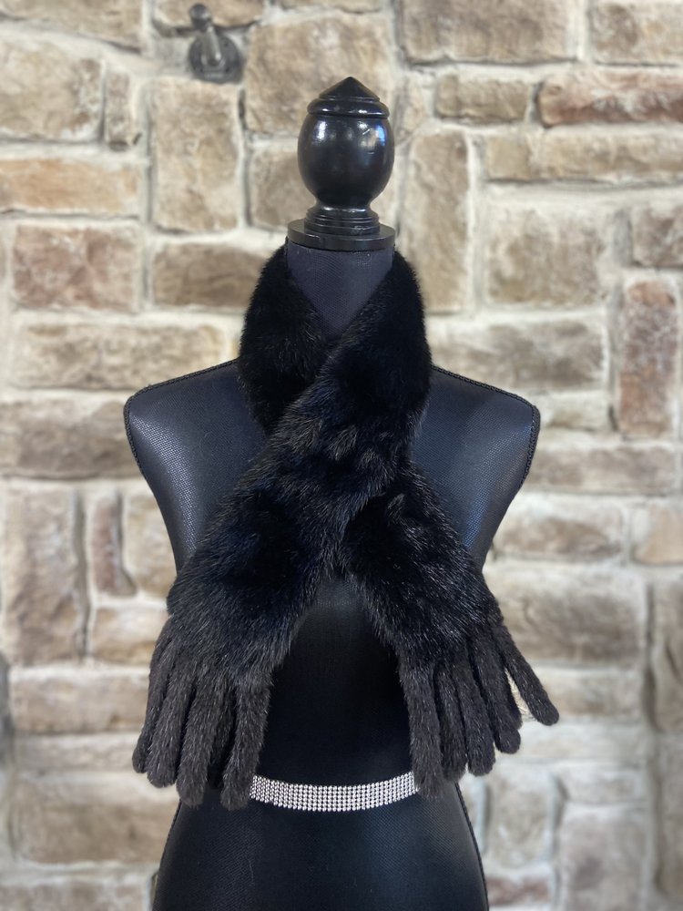 Black Dyed Mink Fringe End Scarf, 34"