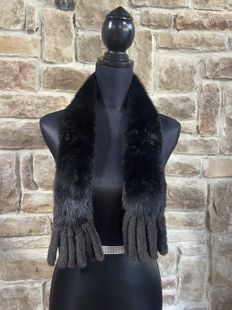 Black Dyed Mink Fringe End Scarf, 34"
