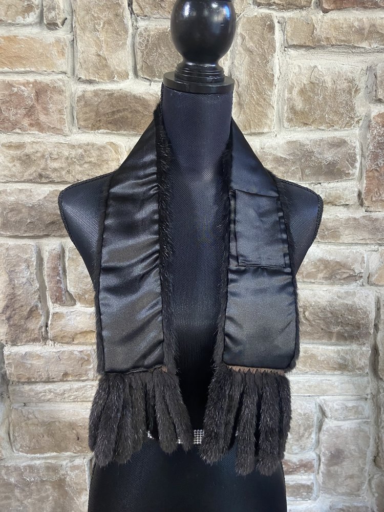 Black Dyed Mink Fringe End Scarf, 34"