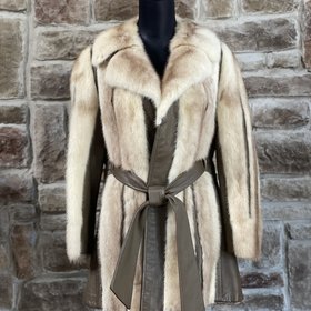Krieck Furs Ivory Mink and Leather Stripped Belted Coat, Size S
