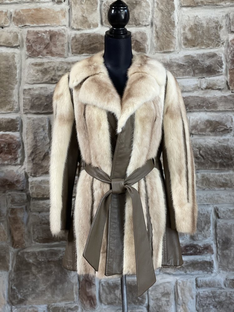 Krieck Furs Ivory Mink and Leather Stripped Belted Coat, Size S