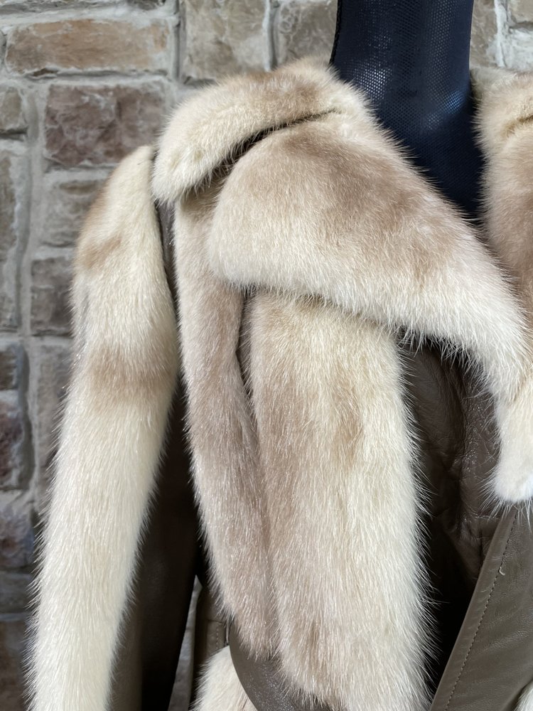 Krieck Furs Ivory Mink and Leather Stripped Belted Coat, Size S