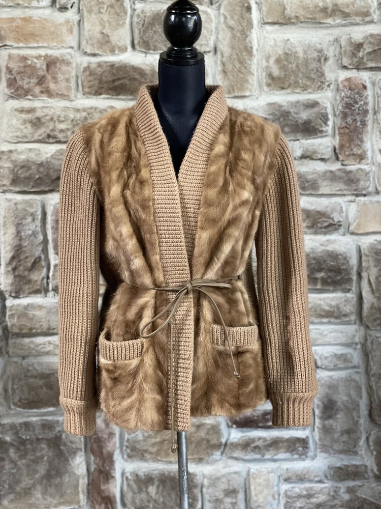 Finlandia Furs Autumn Haze Mink Paw Sweater w/ Knit Sleeves, Size L