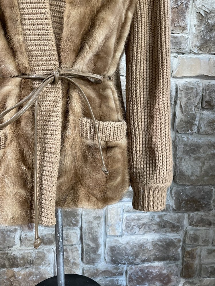 Finlandia Furs Autumn Haze Mink Paw Sweater w/ Knit Sleeves, Size L