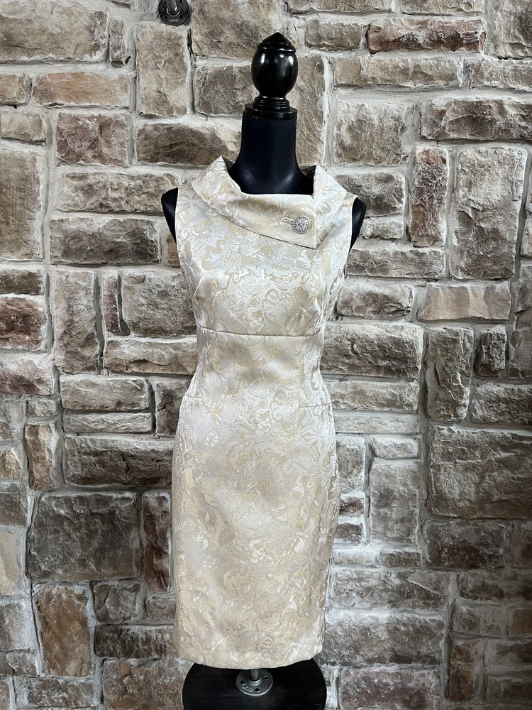 Tahari Taupe And Silver Floral Dress With Collar, Size 8