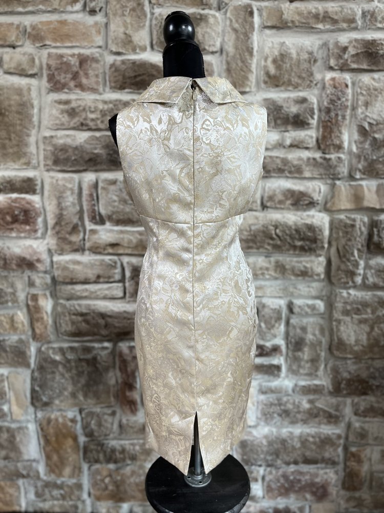 Tahari Taupe And Silver Floral Dress With Collar, Size 8