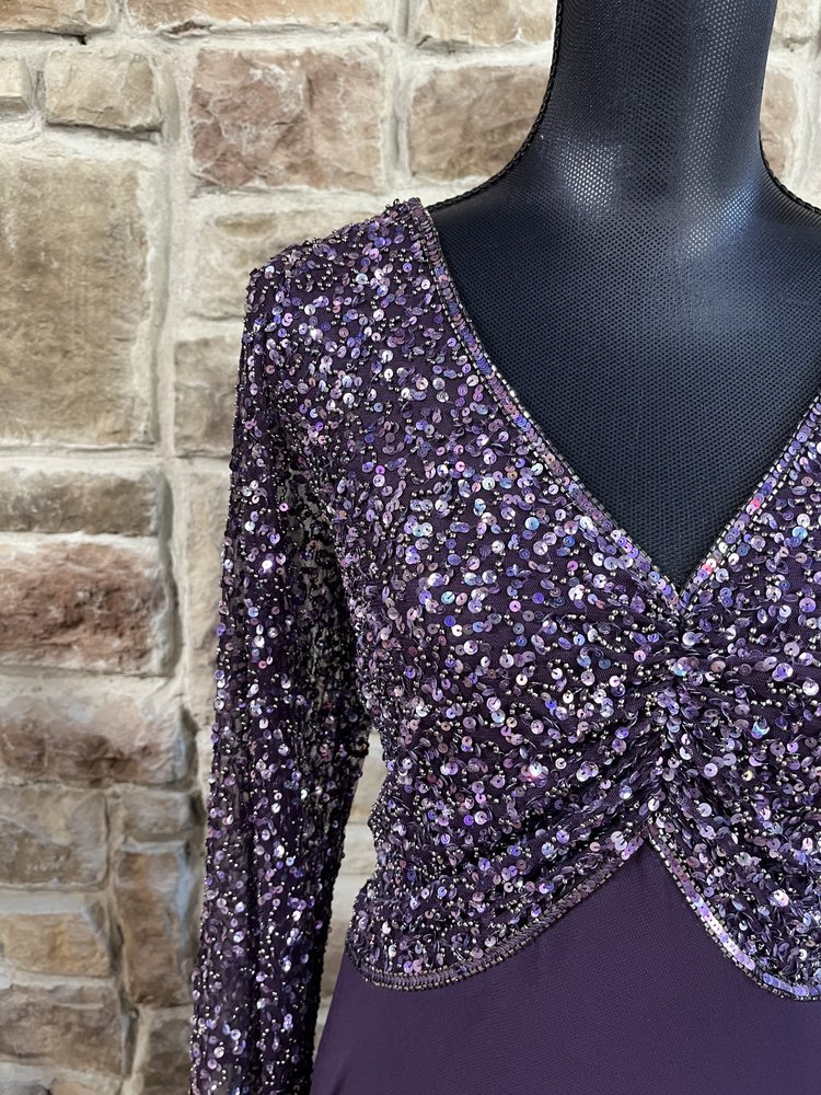 Jkara Purple Sequin Pointed Long Sleeve Gown, Size 20