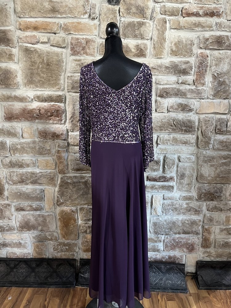 Jkara Purple Sequin Pointed Long Sleeve Gown, Size 20