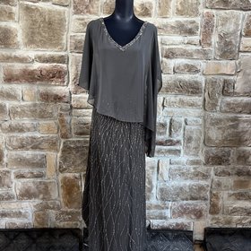 Jkara Gray Wave Beaded Bottom With Pointed Beaded Collar Gown,  Size 18