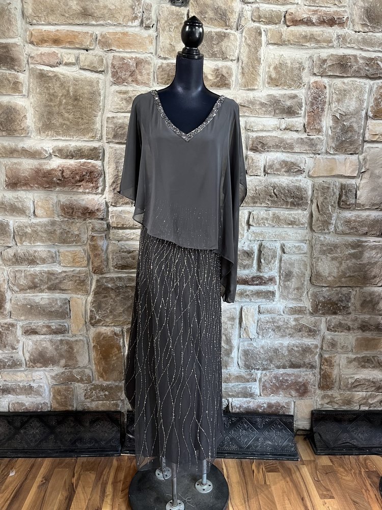 Jkara Gray Wave Beaded Bottom With Pointed Beaded Collar Gown,  Size 18