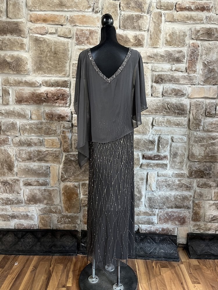 Jkara Gray Wave Beaded Bottom With Pointed Beaded Collar Gown,  Size 18