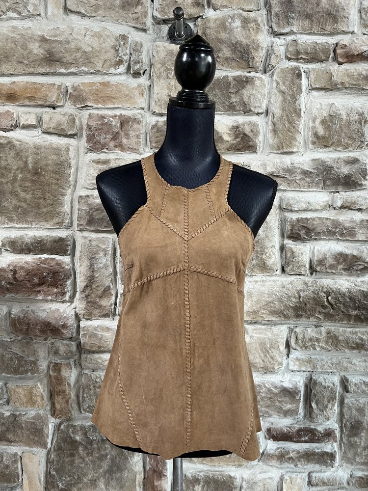 Brown Suede Stitched Tank Top, Size S