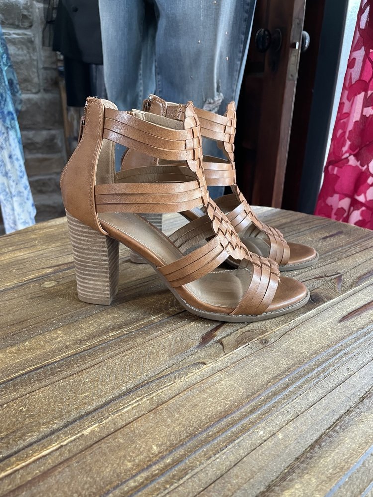 Cognac Brown Front Woven Block Heel