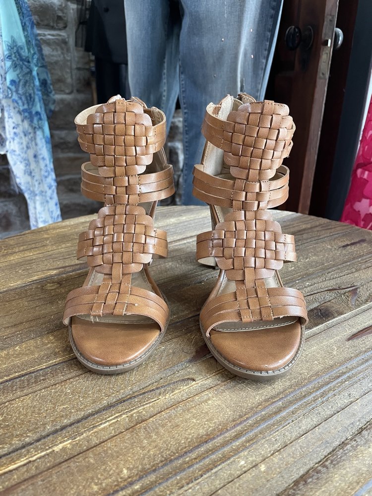 Cognac Brown Front Woven Block Heel