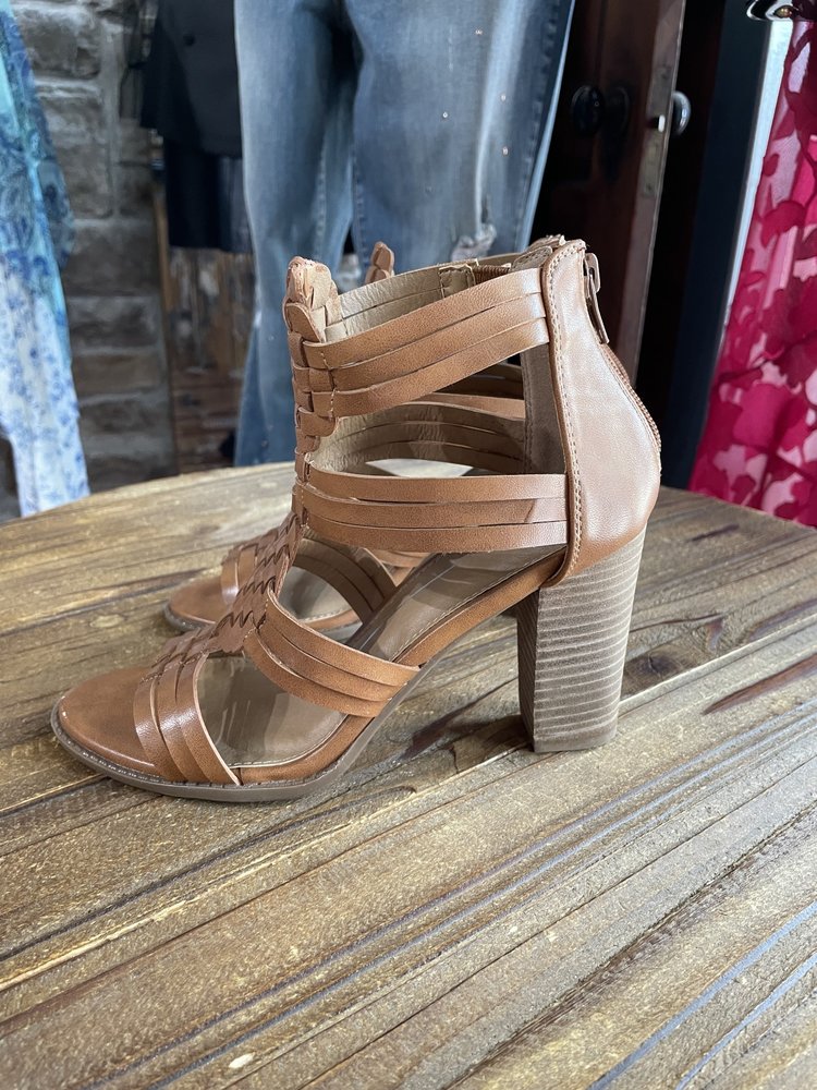 Cognac Brown Front Woven Block Heel