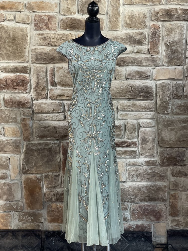 Pisarro Nights Dusty Blue Embellished Tulle Dart Gown, Size 10