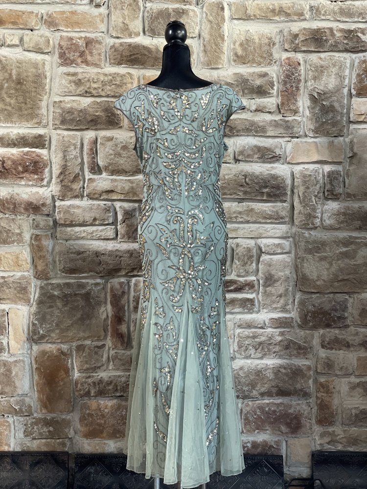 Pisarro Nights Dusty Blue Embellished Tulle Dart Gown, Size 10