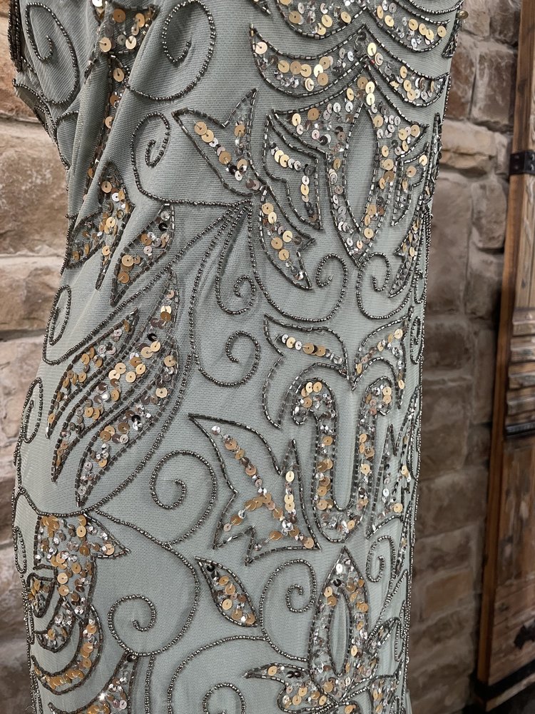 Pisarro Nights Dusty Blue Embellished Tulle Dart Gown, Size 10