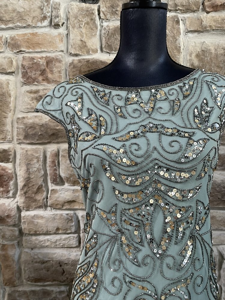 Pisarro Nights Dusty Blue Embellished Tulle Dart Gown, Size 10