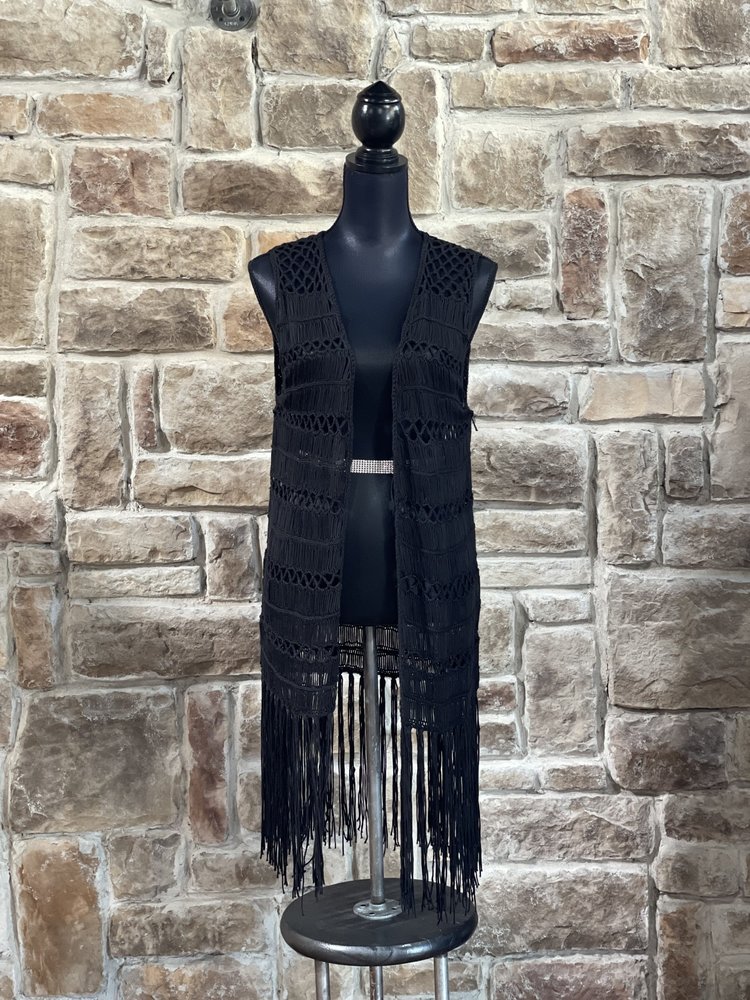 Rock & Roll Cowgirl Black Open Crochet Fringe Bottom Vest, Size L