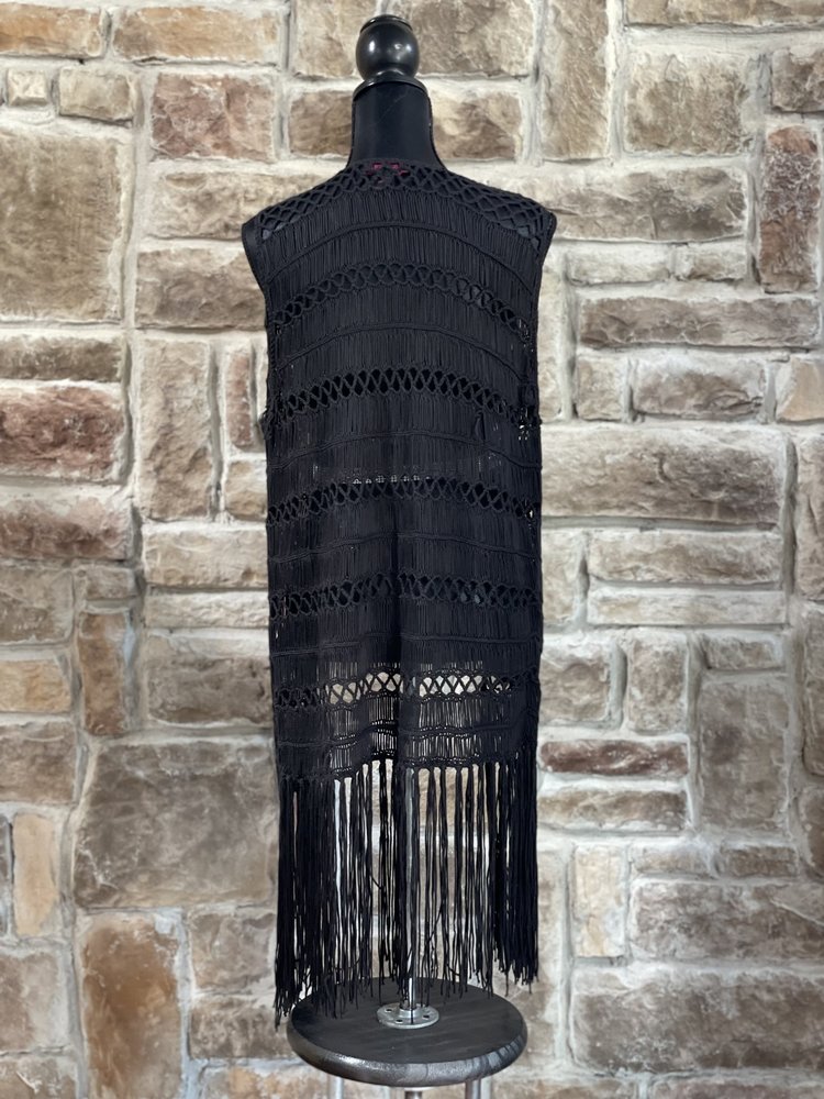 Rock & Roll Cowgirl Black Open Crochet Fringe Bottom Vest, Size L