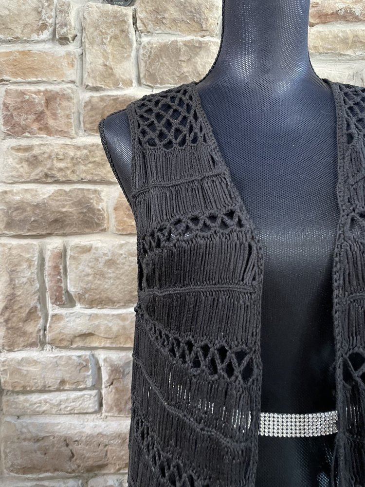 Rock & Roll Cowgirl Black Open Crochet Fringe Bottom Vest, Size L