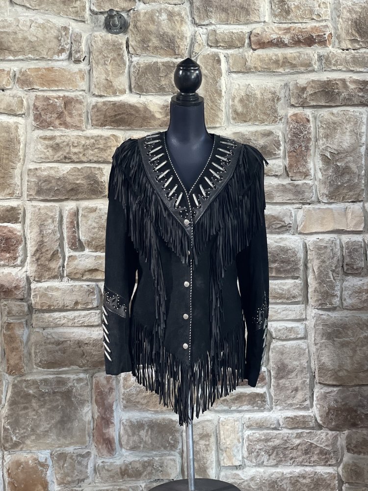 Tribe America Black Leather Silver Metal Hardware Fringe Jacket, Size M