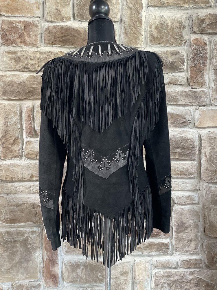 Tribe America Black Leather Silver Metal Hardware Fringe Jacket, Size M