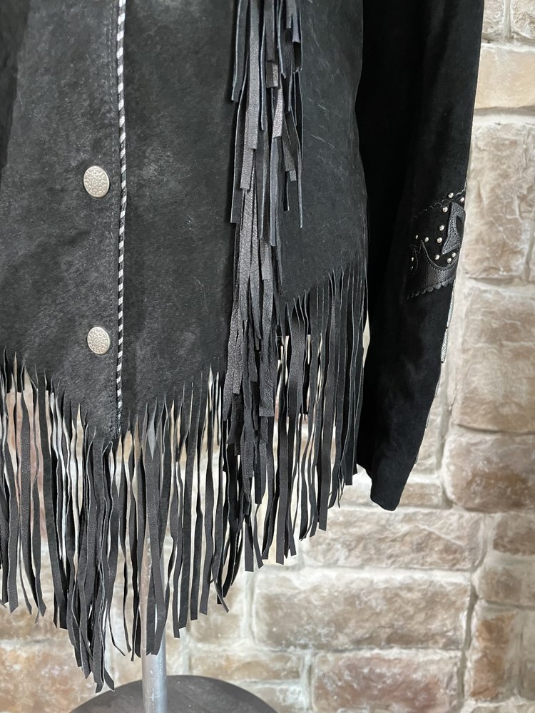Tribe America Black Leather Silver Metal Hardware Fringe Jacket, Size M