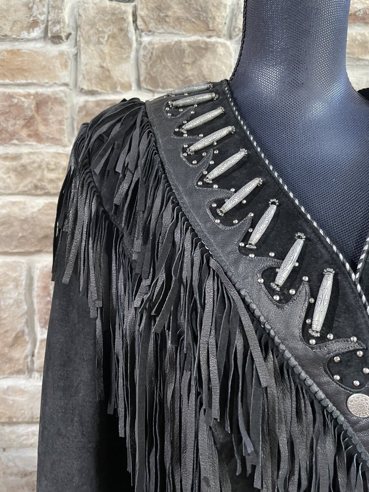 Tribe America Black Leather Silver Metal Hardware Fringe Jacket, Size M