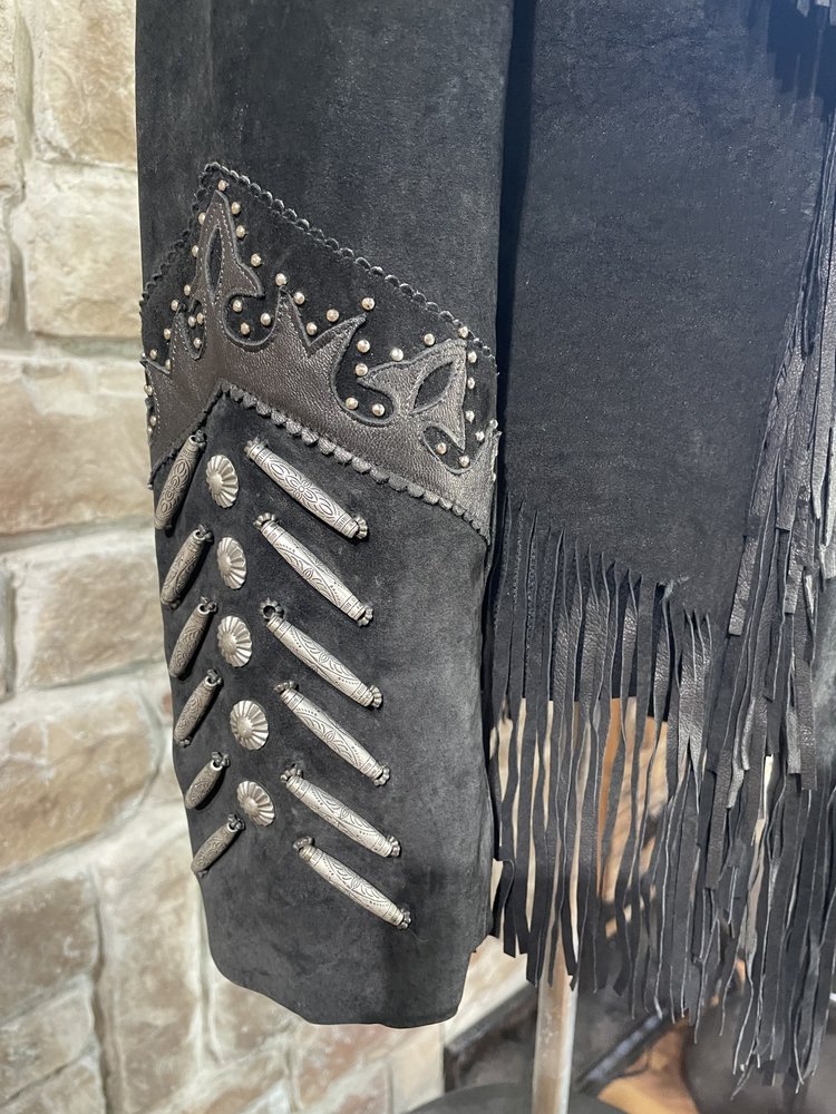 Tribe America Black Leather Silver Metal Hardware Fringe Jacket, Size M