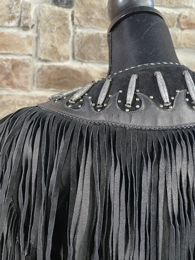 Tribe America Black Leather Silver Metal Hardware Fringe Jacket, Size M