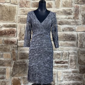 Caché Grey Beaded Lace Layered Bottom Sheath Dress, Size 6