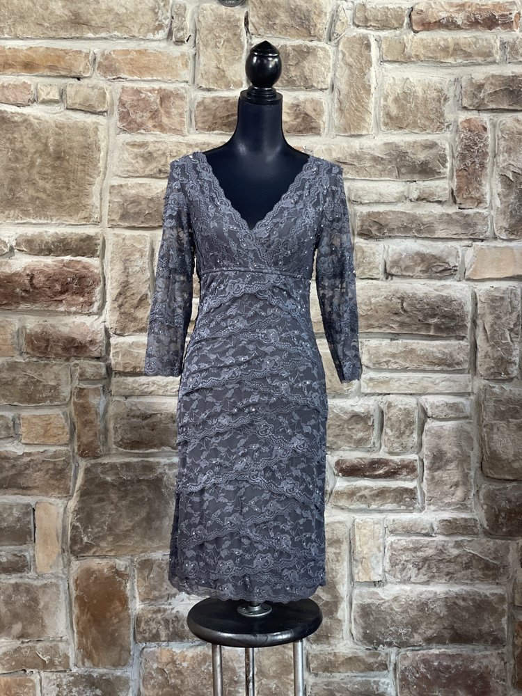 Caché Grey Beaded Lace Layered Bottom Sheath Dress, Size 6