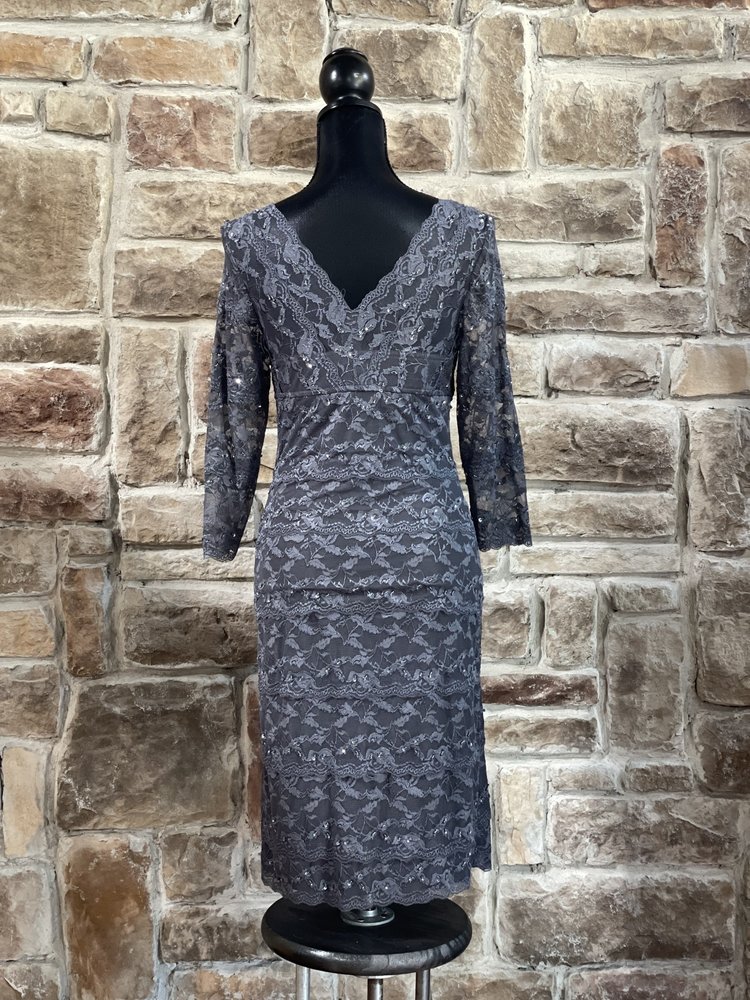 Caché Grey Beaded Lace Layered Bottom Sheath Dress, Size 6